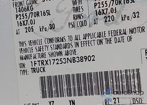 2003 Ford F-150 Xl/Xlt from USA, damaged, VIN 1FTRX17253NB38902